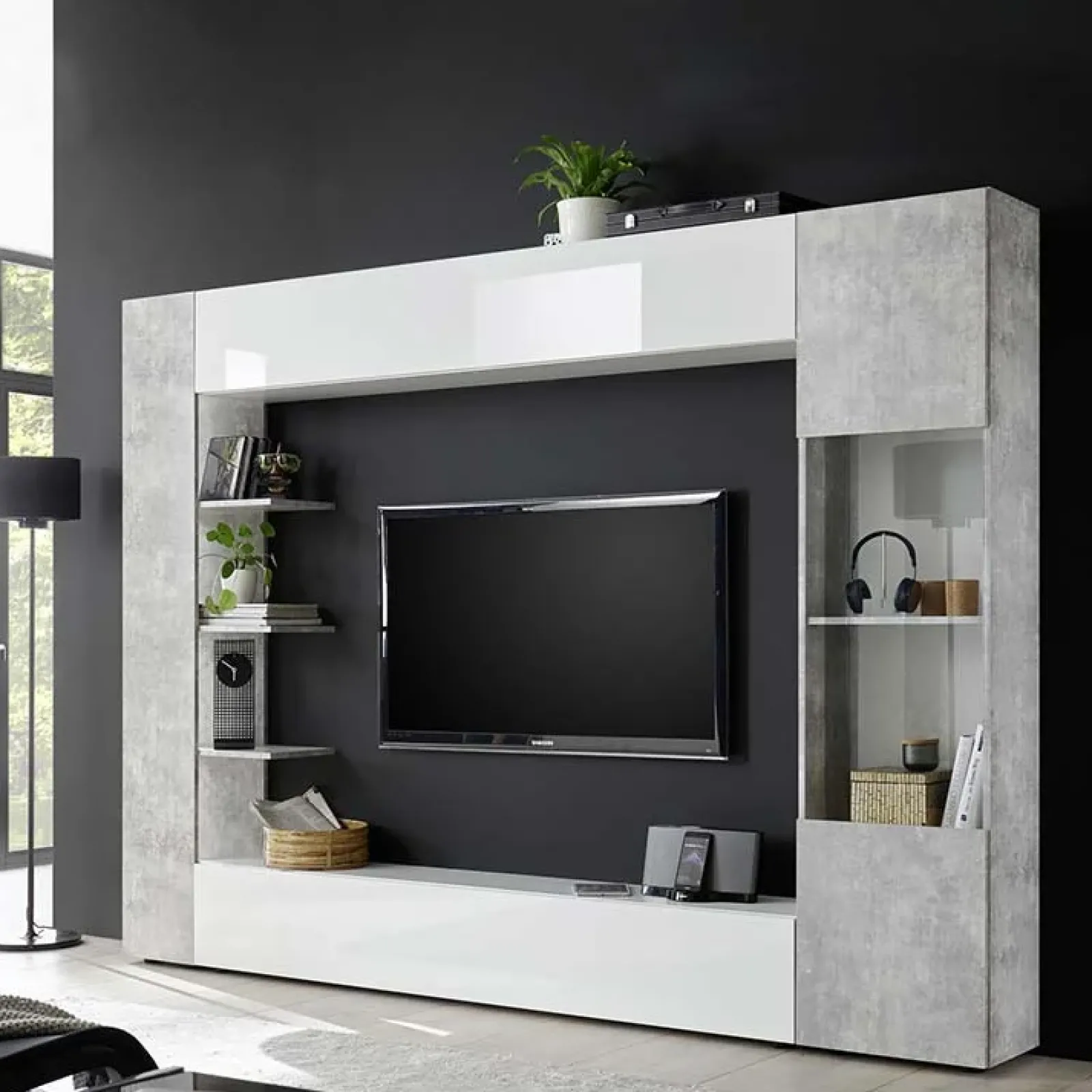 Garnero Arredamenti Parete Attrezzata A Terra|Pareti Attrezzate-Parete attrezzata 257x187h cm soggiorno bianco lucido cemento Steppi 3