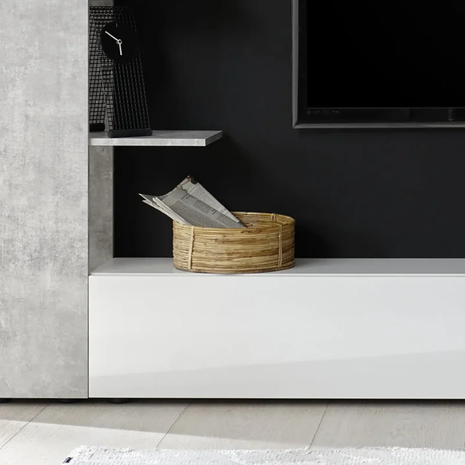 Garnero Arredamenti Parete Attrezzata A Terra|Pareti Attrezzate-Parete attrezzata 257x187h cm soggiorno bianco lucido cemento Steppi 3