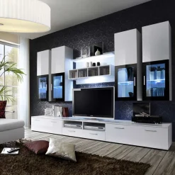 Garnero Arredamenti Parete Attrezzata A Terra|Pareti Attrezzate-Parete attrezzata 300x190h cm soggiorno bianco lucido Barrie Gihome® Bianco Lucido - Bianco Lucido