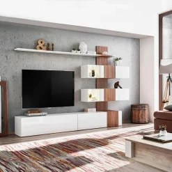 Garnero Arredamenti Parete Attrezzata A Terra|Pareti Attrezzate-Parete attrezzata 250x160h cm soggiorno noce bianco lucido Coimbra