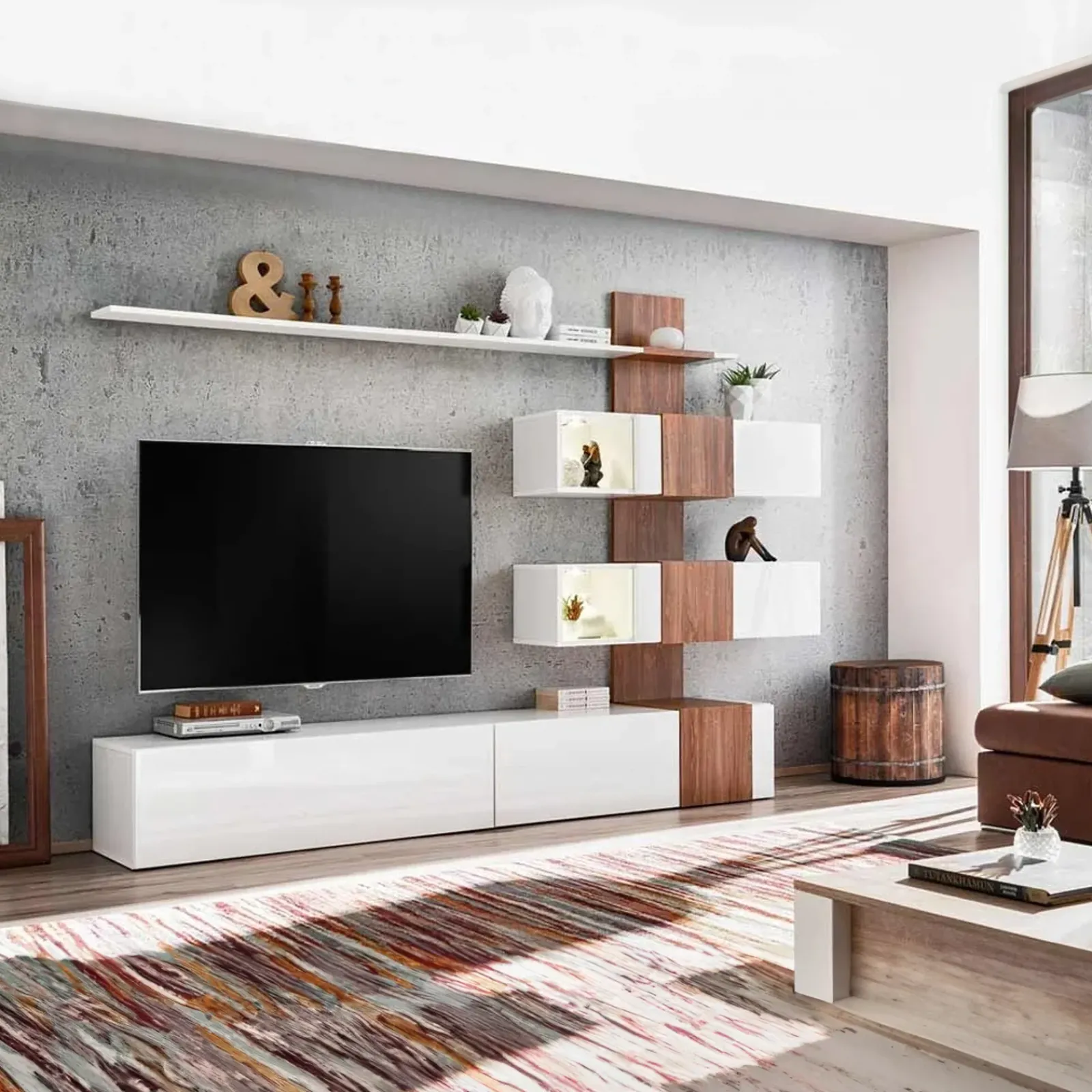 Garnero Arredamenti Parete Attrezzata A Terra|Pareti Attrezzate-Parete attrezzata 250x160h cm soggiorno noce bianco lucido Coimbra