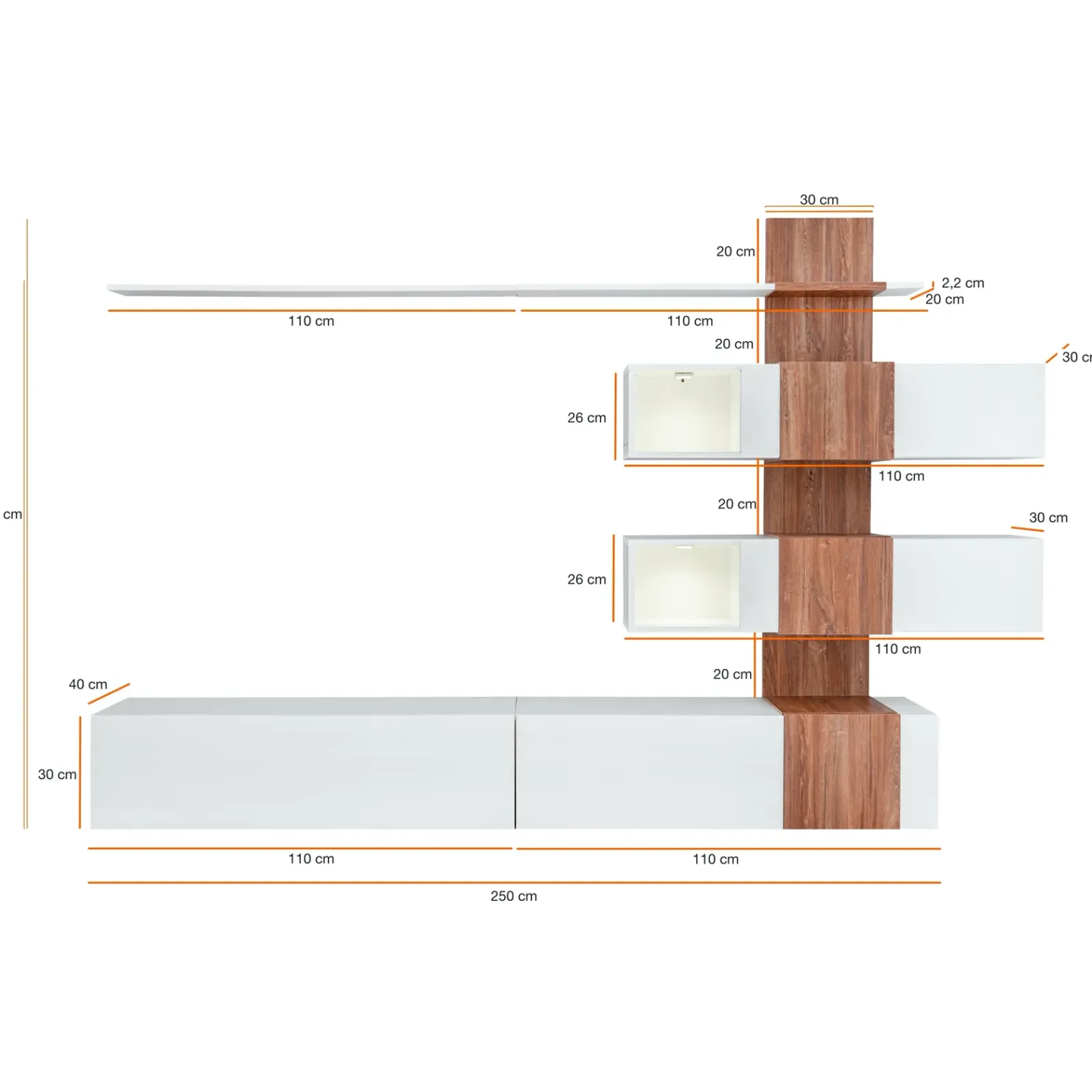 Garnero Arredamenti Parete Attrezzata A Terra|Pareti Attrezzate-Parete attrezzata 250x160h cm soggiorno noce bianco lucido Coimbra