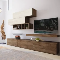 Garnero Arredamenti Parete Attrezzata A Terra|Pareti Attrezzate-Parete attrezzata 270x183h cm soggiorno noce bianco spatolato America Gihome® Noce - Bianco Frassinato