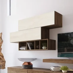 Garnero Arredamenti Parete Attrezzata A Terra|Pareti Attrezzate-Parete attrezzata 270x183h cm soggiorno noce bianco spatolato America Gihome® Noce - Bianco Frassinato