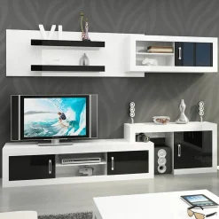 Garnero Arredamenti Parete Attrezzata A Terra|Pareti Attrezzate-Parete attrezzata 240x210h cm soggiorno  bianco opaco nero lucido Susan Gihome® Bianco Opaco - Nero Lucido