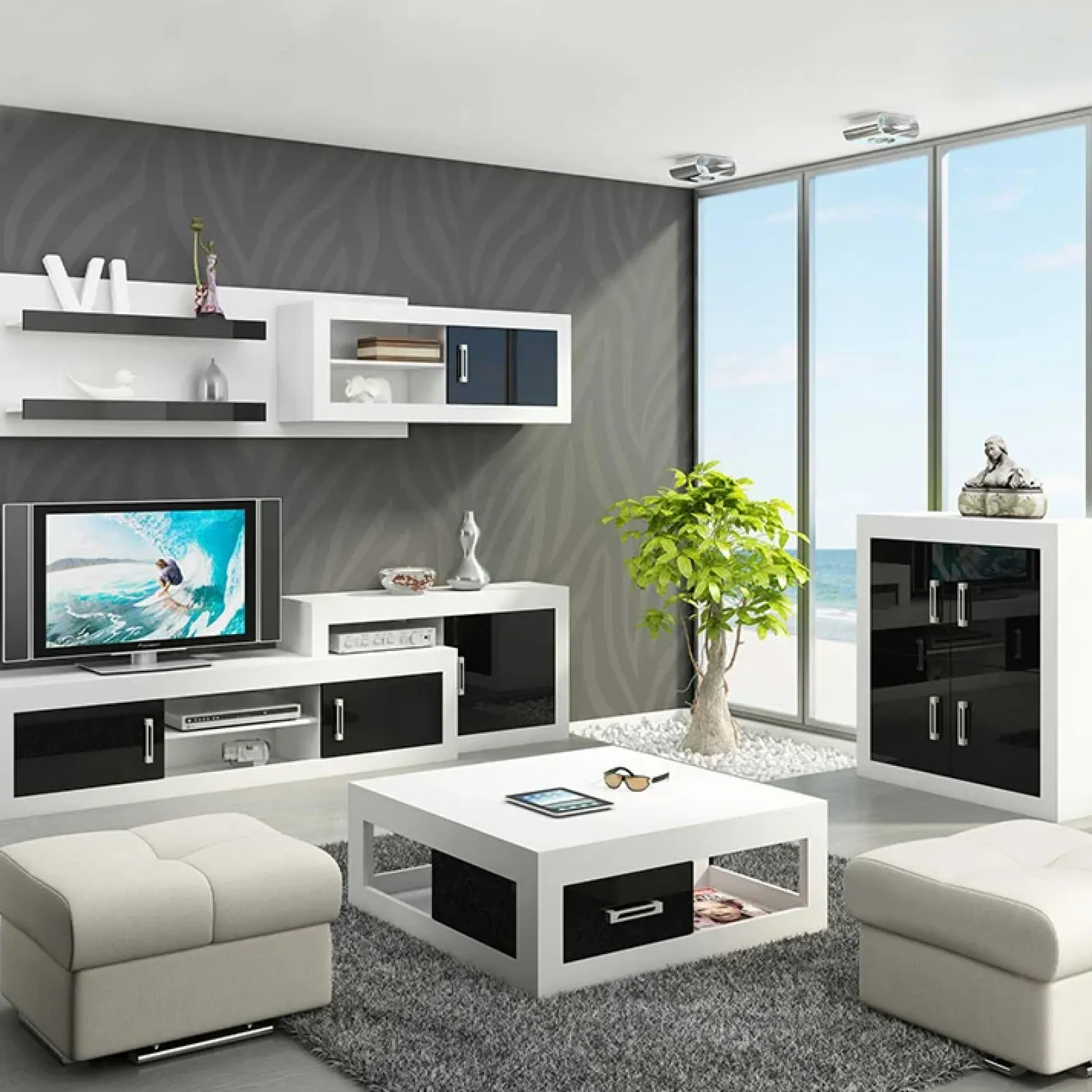 Garnero Arredamenti Parete Attrezzata A Terra|Pareti Attrezzate-Parete attrezzata 240x210h cm soggiorno bianco opaco nero lucido Susan Gihome® Bianco Opaco - Nero Lucido