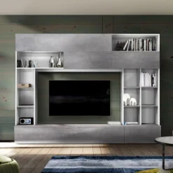Garnero Arredamenti Parete Attrezzata A Terra|Pareti Attrezzate-Parete attrezzata 277x211h cm soggiorno bianco cemento Illuminum Cemento - Bianco opaco
