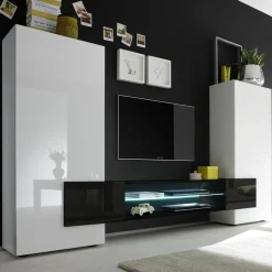 Garnero Arredamenti Parete Attrezzata A Terra|Pareti Attrezzate-Parete attrezzata 258x143h cm soggiorno bianco nero lucido Starck Bianco Lucido - Nero Lucido