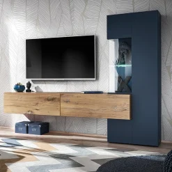 Garnero Arredamenti Parete Attrezzata Sospesa|Pareti Attrezzate-Parete attrezzata 210x162h cm soggiorno con led blu scuro rovere Feola