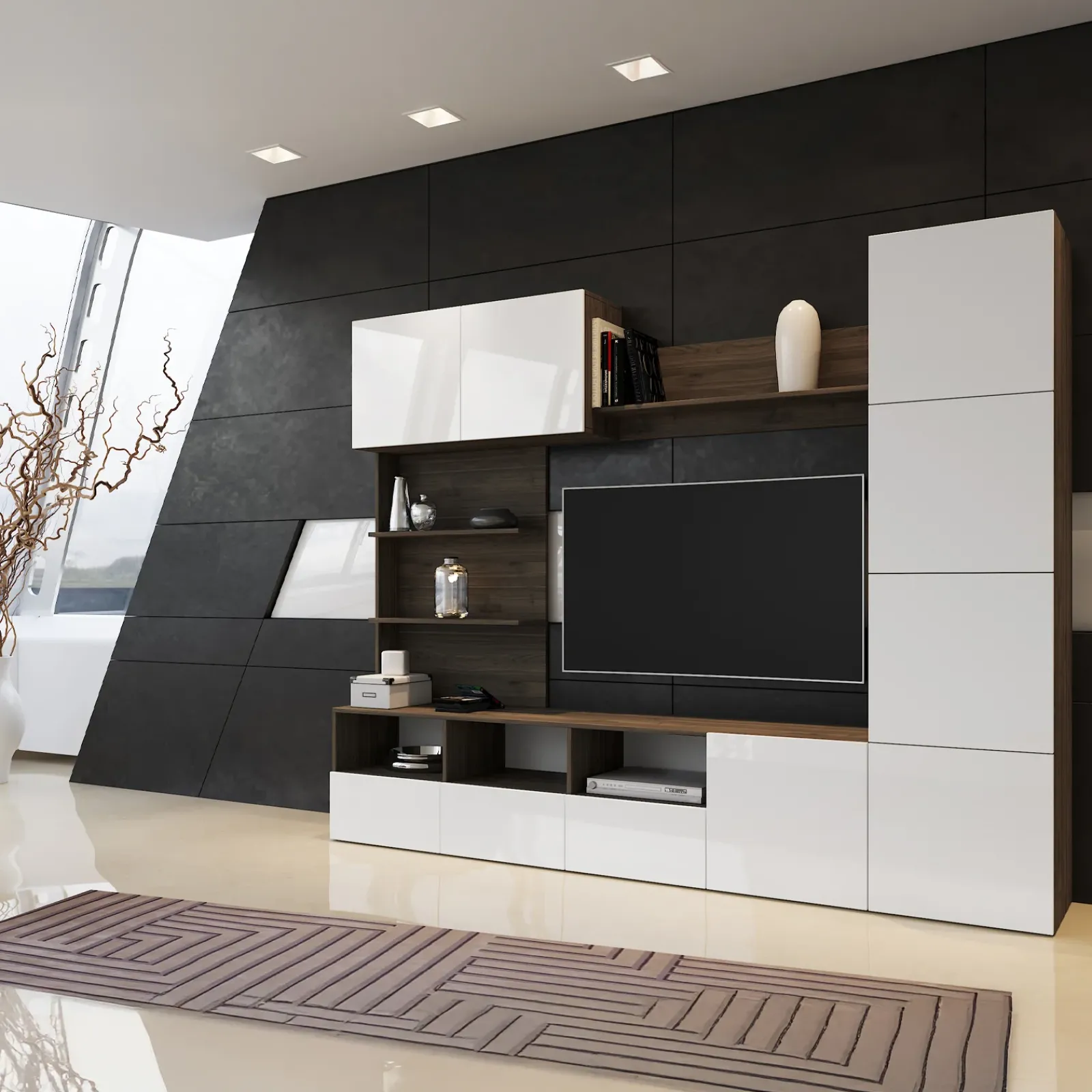 Garnero Arredamenti Parete Attrezzata A Terra|Pareti Attrezzate-Parete attrezzata 230x184h cm soggiorno bianco noce Clyton Gihome®