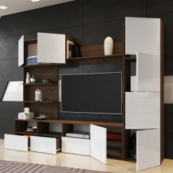 Garnero Arredamenti Parete Attrezzata A Terra|Pareti Attrezzate-Parete attrezzata 230x184h cm soggiorno bianco noce Clyton Gihome®