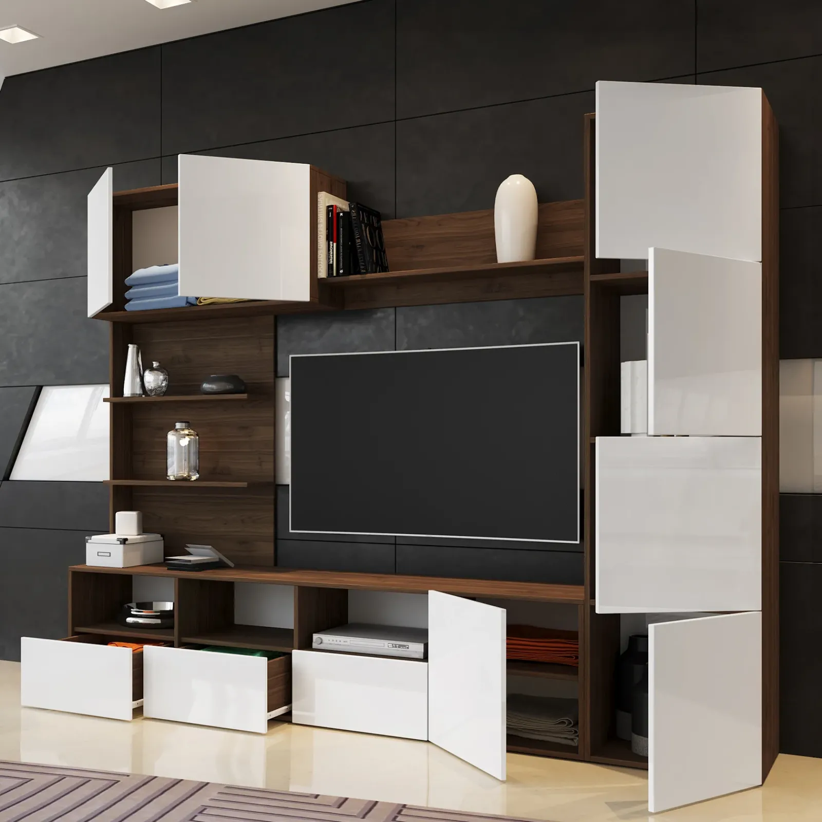 Garnero Arredamenti Parete Attrezzata A Terra|Pareti Attrezzate-Parete attrezzata 230x184h cm soggiorno bianco noce Clyton Gihome®