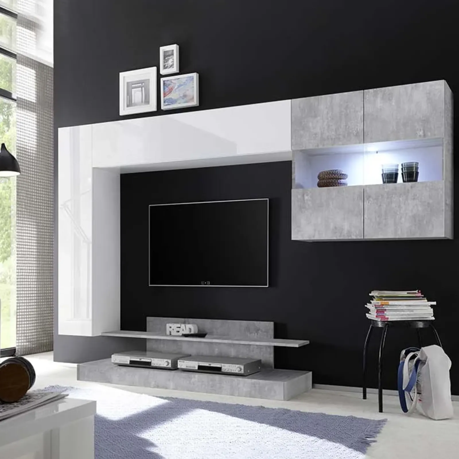 Garnero Arredamenti Parete Attrezzata A Terra|Pareti Attrezzate-Parete attrezzata 248x175h cm soggiorno bianco lucido cemento Steppi 5 Bianco Lucido - Cemento