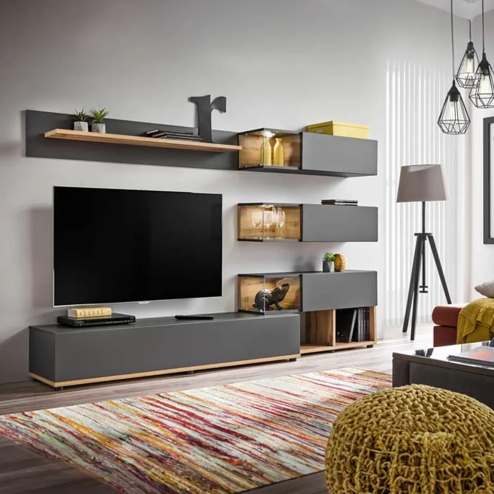 Garnero Arredamenti Parete Attrezzata A Terra|Pareti Attrezzate-Parete attrezzata 240x150h cm soggiorno rovere antracite Oviedo Gihome® Antracite - Rovere