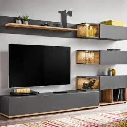 Garnero Arredamenti Parete Attrezzata A Terra|Pareti Attrezzate-Parete attrezzata 240x150h cm soggiorno rovere antracite Oviedo Gihome® Antracite - Rovere