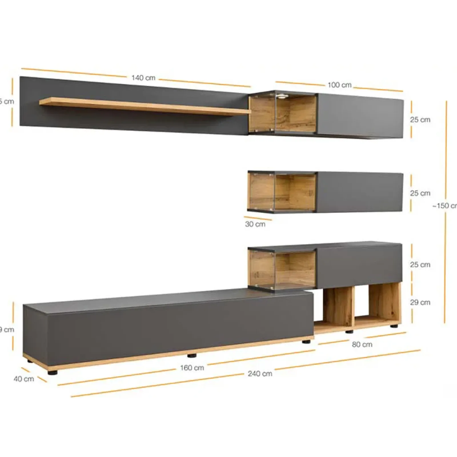 Garnero Arredamenti Parete Attrezzata A Terra|Pareti Attrezzate-Parete attrezzata 240x150h cm soggiorno rovere antracite Oviedo Gihome® Antracite - Rovere