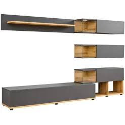 Garnero Arredamenti Parete Attrezzata A Terra|Pareti Attrezzate-Parete attrezzata 240x150h cm soggiorno rovere antracite Oviedo Gihome® Antracite - Rovere