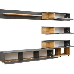 Garnero Arredamenti Parete Attrezzata A Terra|Pareti Attrezzate-Parete attrezzata 240x150h cm soggiorno rovere antracite Oviedo Gihome® Antracite - Rovere