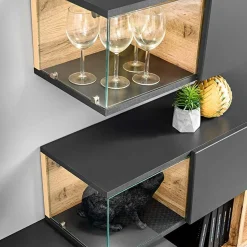 Garnero Arredamenti Parete Attrezzata A Terra|Pareti Attrezzate-Parete attrezzata 240x150h cm soggiorno rovere antracite Oviedo Gihome® Antracite - Rovere