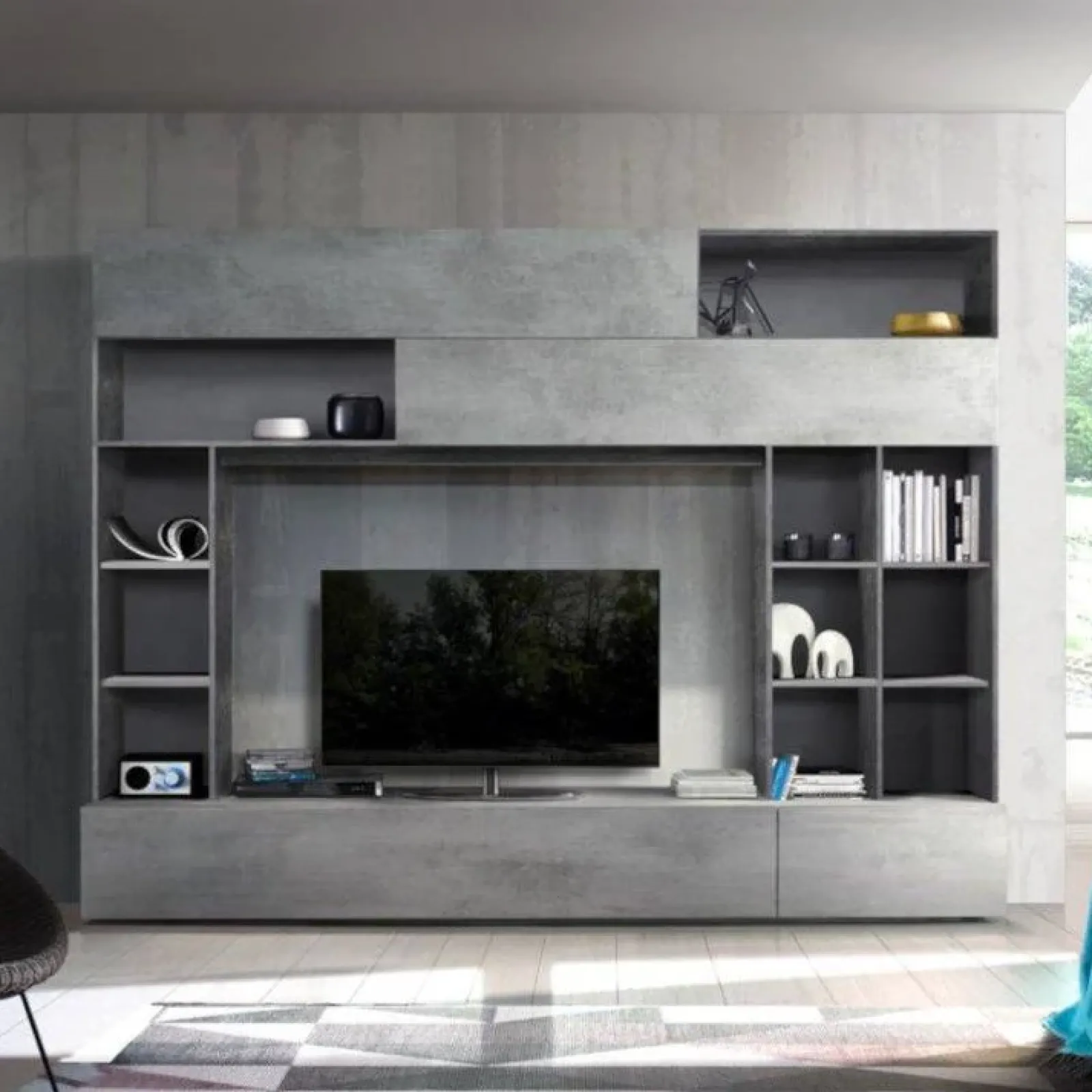 Garnero Arredamenti Parete Attrezzata A Terra|Pareti Attrezzate-Parete attrezzata 277x211h cm soggiorno ossido Illuminum Cemento