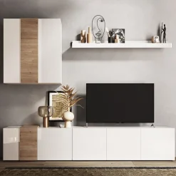 Garnero Arredamenti Parete Attrezzata A Terra|Pareti Attrezzate-Parete attrezzata 301x220h cm soggiorno moderna bianco lucido rovere Universal Bianco Lucido - Rovere