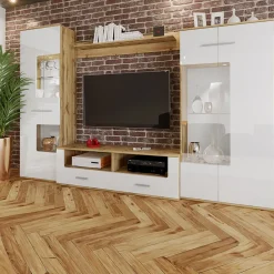 Garnero Arredamenti Parete Attrezzata A Terra|Pareti Attrezzate-Parete attrezzata 280x185h cm soggiorno bianco lucido rovere Wall