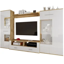 Garnero Arredamenti Parete Attrezzata A Terra|Pareti Attrezzate-Parete attrezzata 280x185h cm soggiorno bianco lucido rovere Wall