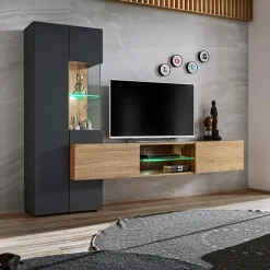 Garnero Arredamenti Parete Attrezzata Sospesa|Pareti Attrezzate-Parete attrezzata 210x160h cm soggiorno moderna rovere antracite Picasso