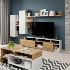 Garnero Arredamenti Parete Attrezzata A Terra|Pareti Attrezzate-Parete attrezzata 260x190h cm soggiorno moderna rovere bianco opaco Blob Rovere - Bianco opaco