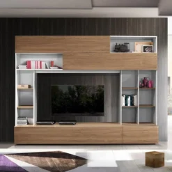 Garnero Arredamenti Parete Attrezzata A Terra|Pareti Attrezzate-Parete attrezzata 277x211h cm soggiorno bianco noce stelvio Illuminum Noce - Bianco opaco