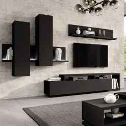 Garnero Arredamenti Parete Attrezzata A Terra|Pareti Attrezzate-Parete attrezzata 219x205h cm soggiorno Megan Gihome® Nero Opaco