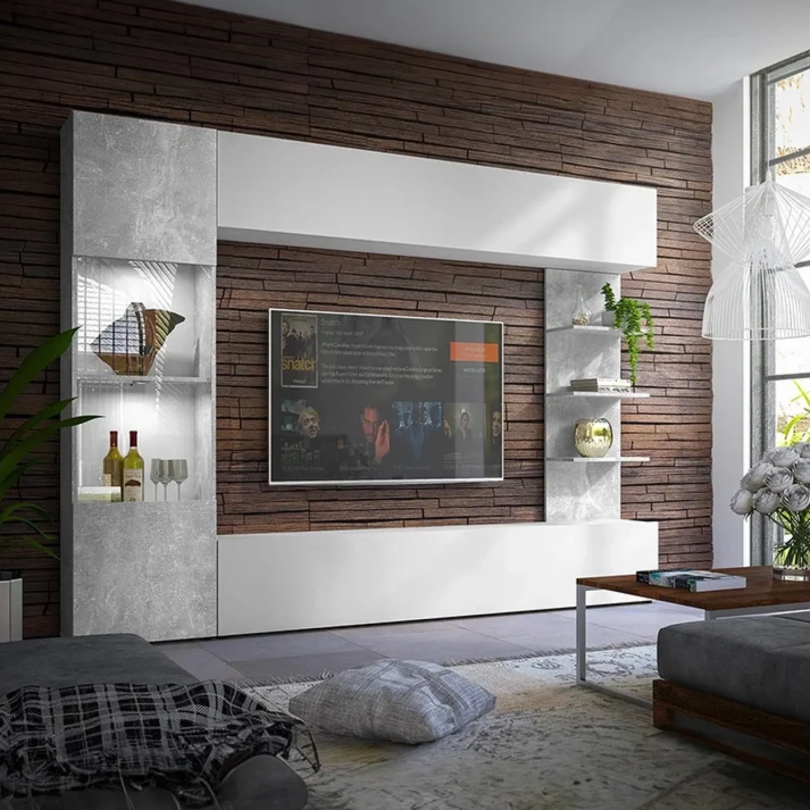 Garnero Arredamenti Parete Attrezzata A Terra|Pareti Attrezzate-Parete attrezzata 250x187h cm soggiorno bianco effetto pietra Gracia