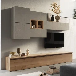 Garnero Arredamenti Parete Attrezzata A Terra|Pareti Attrezzate-Parete attrezzata 276x190h cm soggiorno tortora rovere chiaro Sunset 24