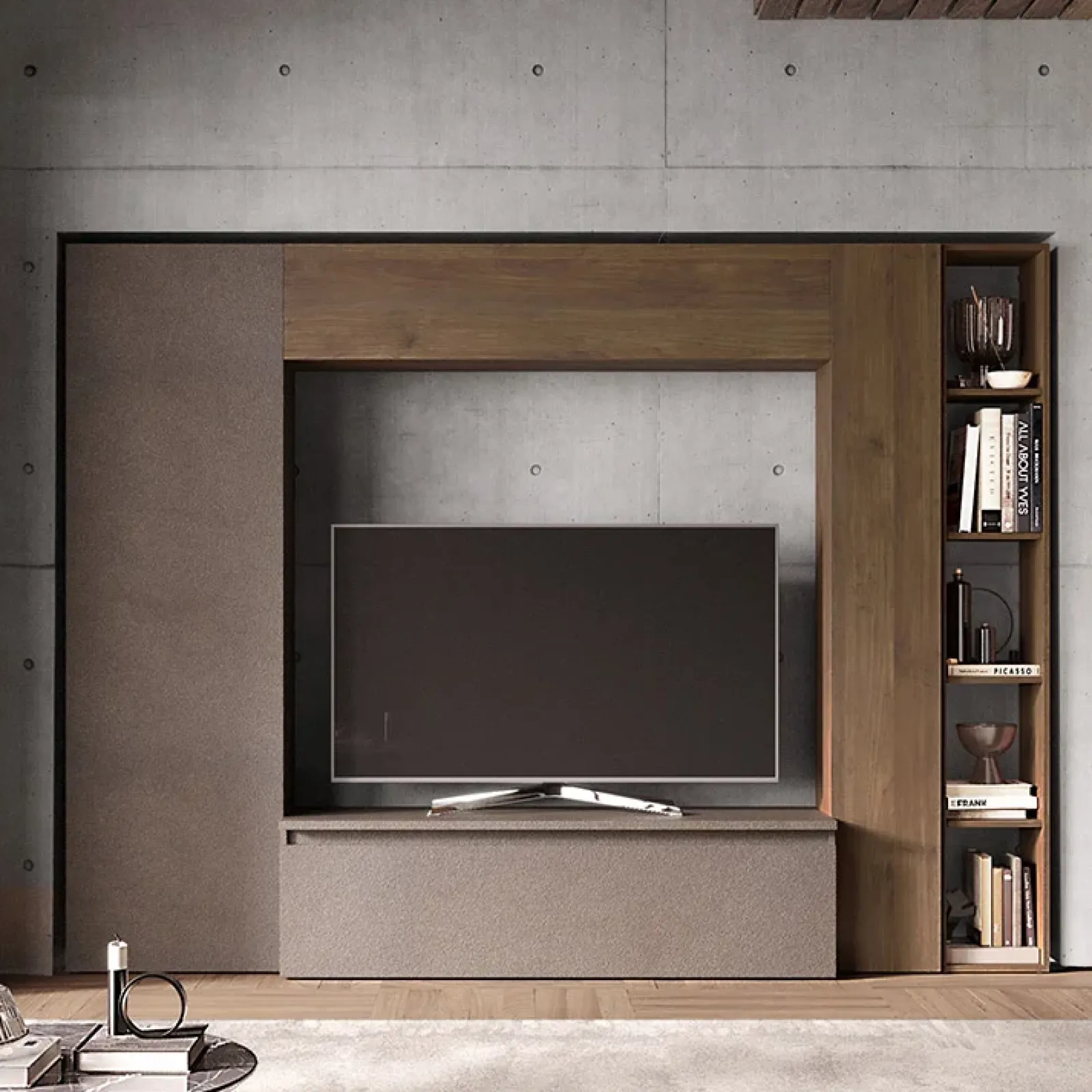 Garnero Arredamenti Parete Attrezzata A Terra|Pareti Attrezzate-Parete attrezzata 249x186h cm salvaspazio marrone bronzo rovere scuro Sunset 9 Noce - Marrone