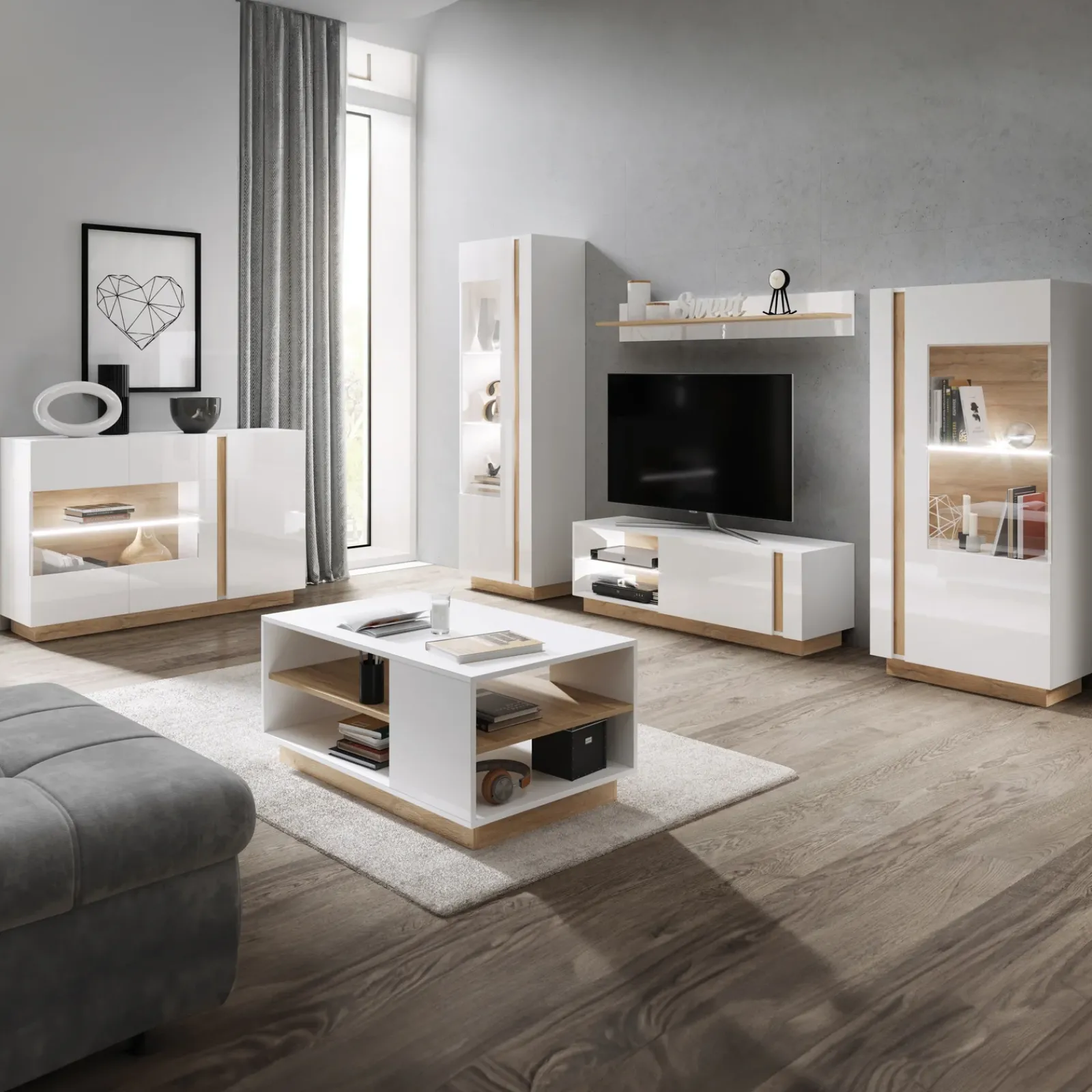 Garnero Arredamenti Parete Attrezzata A Terra|Pareti Attrezzate-Parete attrezzata 270x194h cm soggiorno bianco opaco e lucido Noa Gihome®