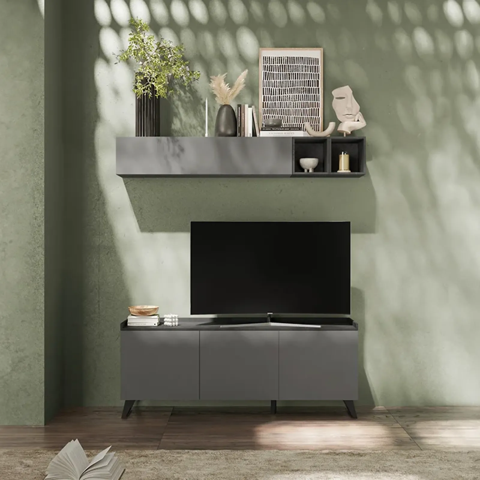 Garnero Arredamenti Parete Attrezzata A Terra|Pareti Attrezzate-Parete attrezzata 181x200h cm soggiorno grigio scuro antracite Jonson Ossido - Grigio