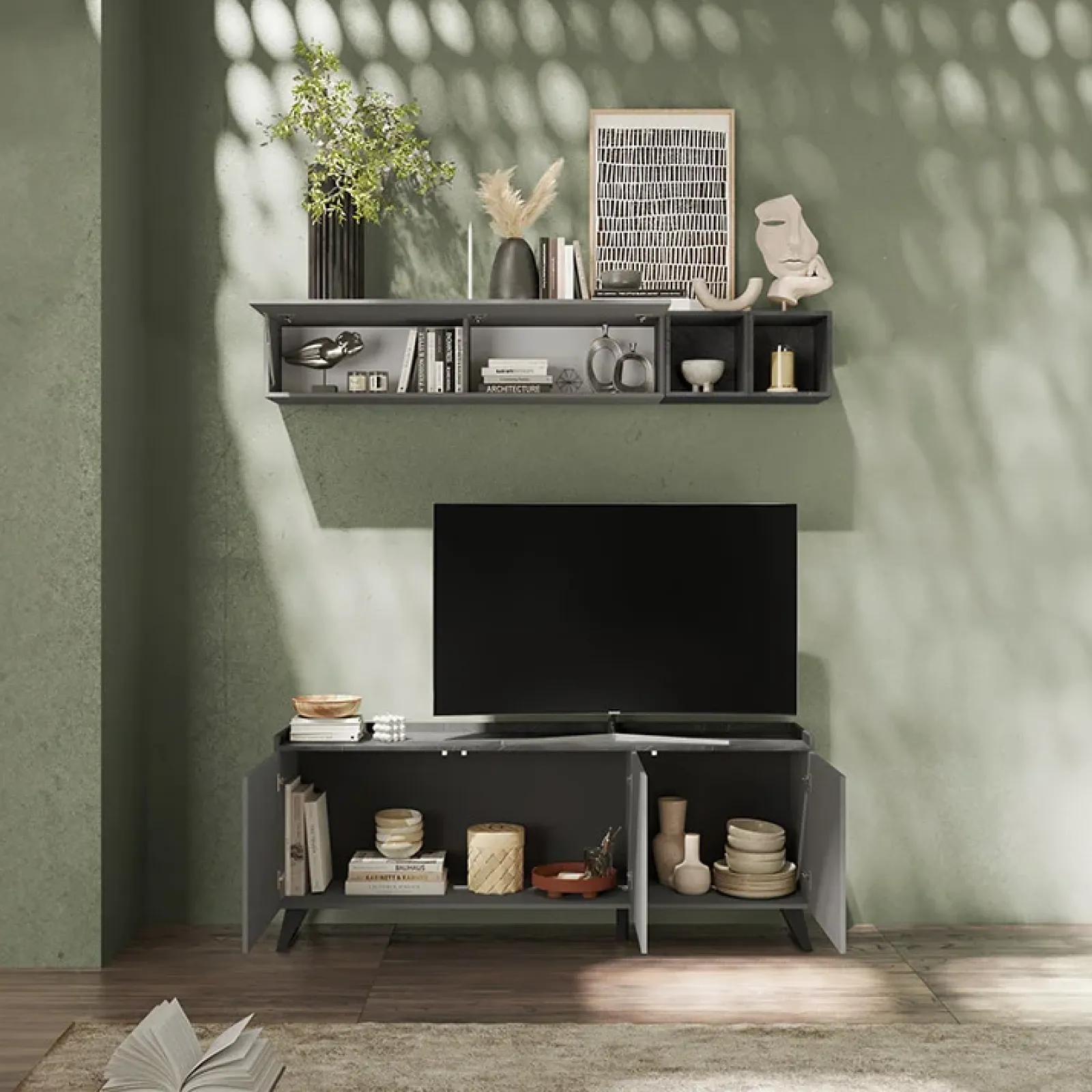 Garnero Arredamenti Parete Attrezzata A Terra|Pareti Attrezzate-Parete attrezzata 181x200h cm soggiorno grigio scuro antracite Jonson Ossido - Grigio