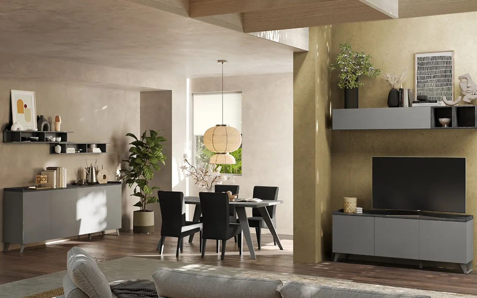 Garnero Arredamenti Parete Attrezzata A Terra|Pareti Attrezzate-Parete attrezzata 181x200h cm soggiorno grigio scuro antracite Jonson Ossido - Grigio