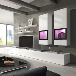 Garnero Arredamenti Parete Attrezzata A Terra|Pareti Attrezzate-Parete attrezzata 270x176h cm soggiorno bianco nero Emotion Gihome® Bianco Lucido