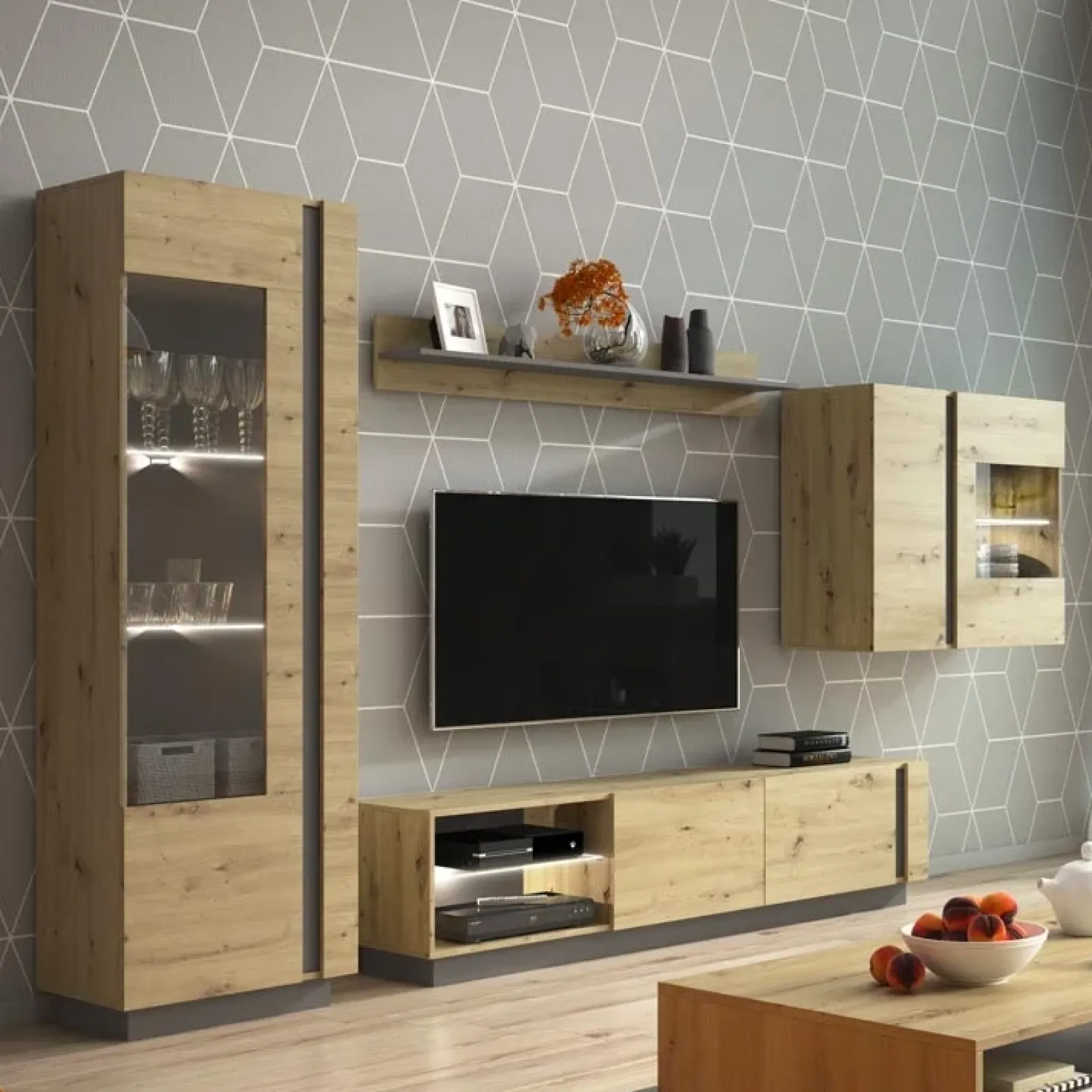 Garnero Arredamenti Parete Attrezzata A Terra|Pareti Attrezzate-Parete attrezzata 248x194h cm soggiorno rovere antracite Noa Gihome®