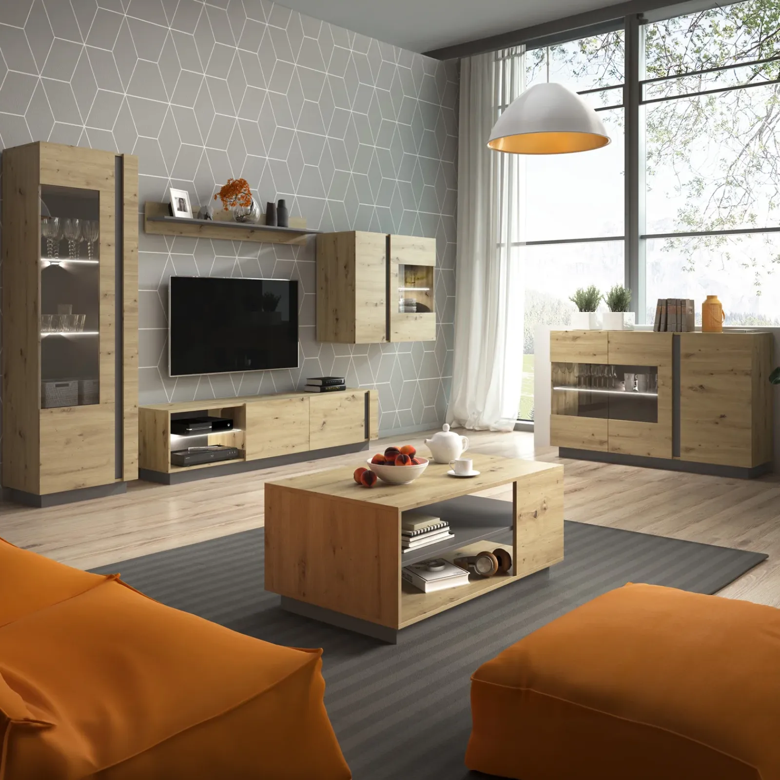 Garnero Arredamenti Parete Attrezzata A Terra|Pareti Attrezzate-Parete attrezzata 248x194h cm soggiorno rovere antracite Noa Gihome®