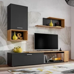 Garnero Arredamenti Parete Attrezzata A Terra|Pareti Attrezzate-Parete attrezzata 200x180h cm soggiorno nero opaco rovere Caravaggio 2 Nero Opaco - Rovere Rustico