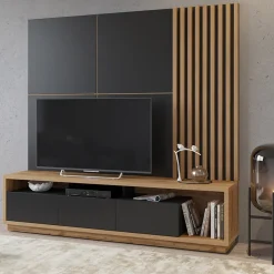 Garnero Arredamenti Parete Attrezzata A Terra|Pareti Attrezzate-Parete attrezzata 200x196h cm soggiorno rovere nero Favorita Rovere - Nero opaco