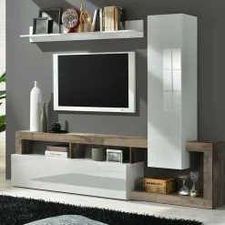 Garnero Arredamenti Parete Attrezzata A Terra|Pareti Attrezzate-Parete attrezzata 219x200h cm soggiorno bianco lucido pero Invictus 2 Bianco Lucido - Rovere Rustico