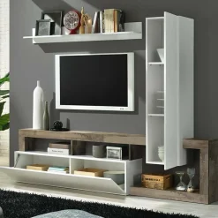 Garnero Arredamenti Parete Attrezzata A Terra|Pareti Attrezzate-Parete attrezzata 219x200h cm soggiorno bianco lucido pero Invictus 2 Bianco Lucido - Rovere Rustico