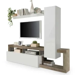 Garnero Arredamenti Parete Attrezzata A Terra|Pareti Attrezzate-Parete attrezzata 219x200h cm soggiorno bianco lucido pero Invictus 2 Bianco Lucido - Rovere Rustico