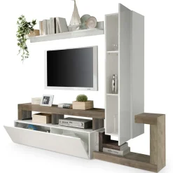 Garnero Arredamenti Parete Attrezzata A Terra|Pareti Attrezzate-Parete attrezzata 219x200h cm soggiorno bianco lucido pero Invictus 2 Bianco Lucido - Rovere Rustico