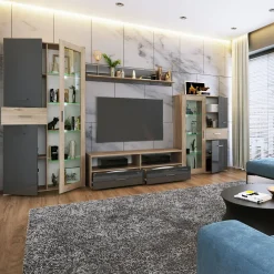 Garnero Arredamenti Parete Attrezzata A Terra|Pareti Attrezzate-Parete attrezzata 390x201h cm soggiorno rovere grigio lucido Diran