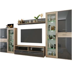 Garnero Arredamenti Parete Attrezzata A Terra|Pareti Attrezzate-Parete attrezzata 390x201h cm soggiorno rovere grigio lucido Diran