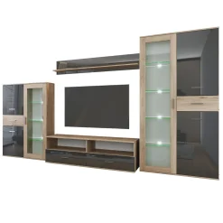 Garnero Arredamenti Parete Attrezzata A Terra|Pareti Attrezzate-Parete attrezzata 390x201h cm soggiorno rovere grigio lucido Diran